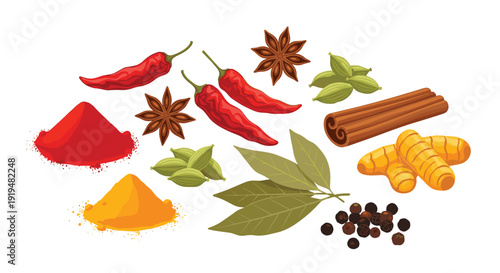 A vibrant assortment of aromatic spices is scattered, featuring red chilies, star anises, green cardamom pods, cinnamon sticks, bay leaves, black peppercorns, and piles of red and yellow powder.