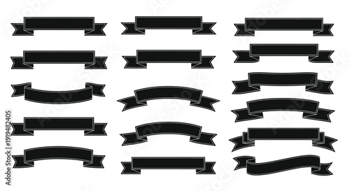 Collection of solid black flowing banner shapes for text.