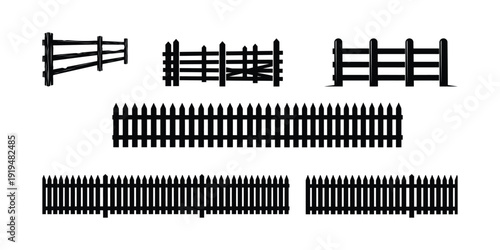 Silhouette of various fence types in black on white background