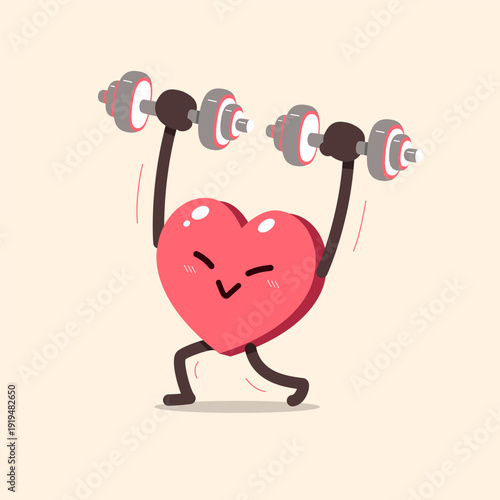 Cartoon heart character doing dumbbells weight training