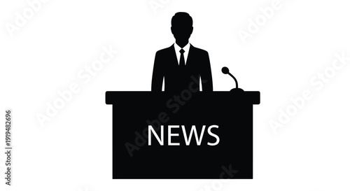 Silhouette of a newscaster standing at a podium with the word news