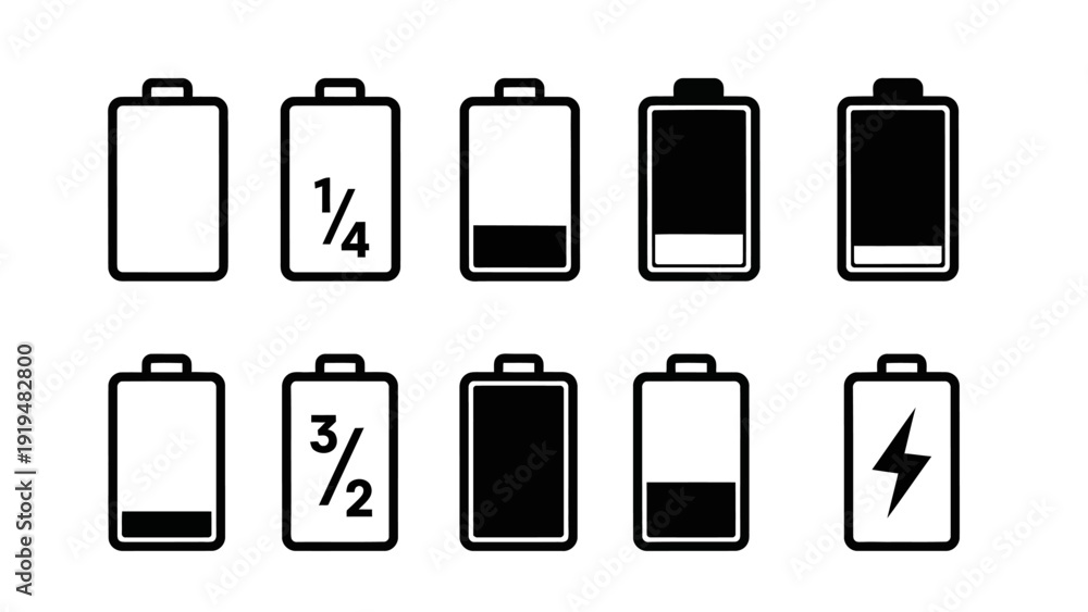 © ellisa_studio - Battery Level Icons: Full Charge to Empty, Power Indicator, Energy Status