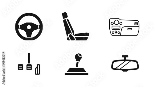 Car Interior Icons: Steering Wheel, Seat, Dashboard, Pedals, Gear Shift, Mirror