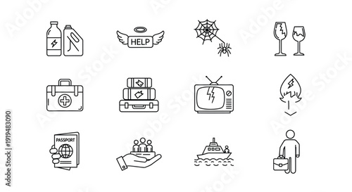 Outline icons suggest concepts like travel safety crisis.