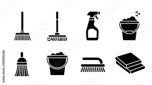 Cleaning Supplies Icons Set: Broom, Mop, Spray Bottle, Buckets, Brush, Sponges