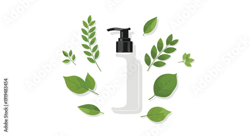 A white cosmetic pump bottle with a black dispenser, encircled by green leaves, isolated on white.