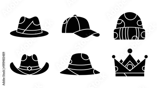 Collection of Black Silhouette Hats and Crown Icons