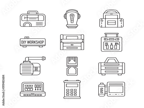 Creative DIY workshop line icon set with modern craftsmanship elements