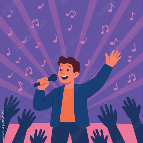 a man with a microphone performing on stage. with a microphone in his hand. There are rays of light and musical notes on the background, and the raised hands of the audience are visible below.