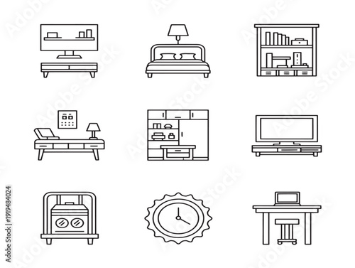 Luxurious interior design line icons with sophisticated home elements