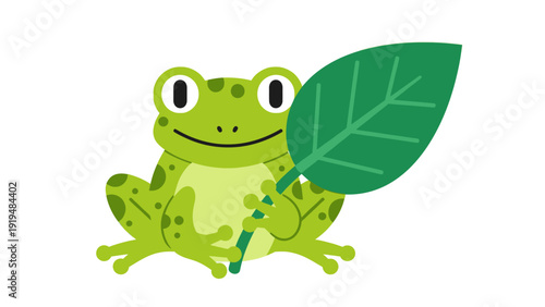 Cute cartoon frog holding a green leaf, isolated on white background, cheerful amphibian illustration
