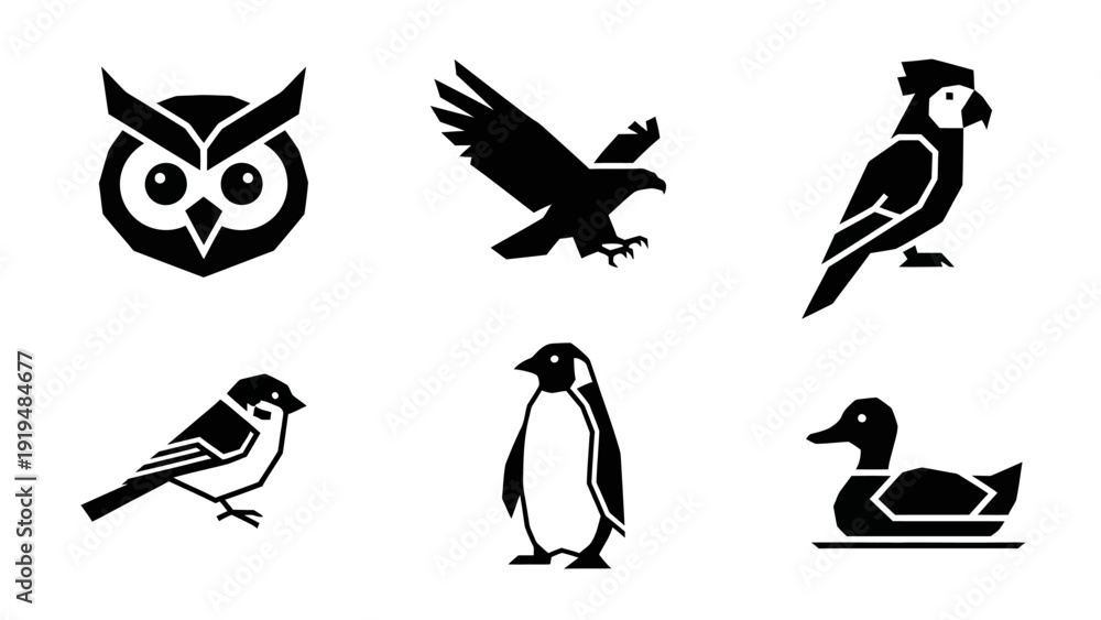 Naklejka premium Diverse Bird Silhouettes Collection: Owl, Eagle, Parrot, Sparrow, Penguin, Duck Icons