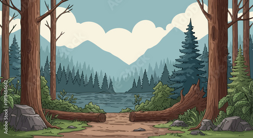 Serene Forest Landscape with Mountains and Lake.