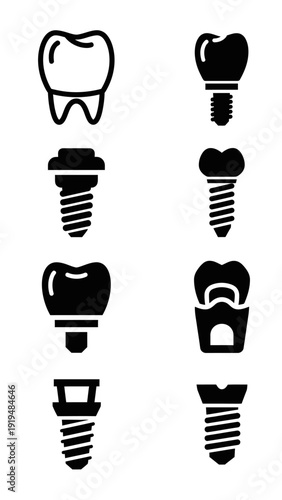 Dental Implants and Crowns Icons Set: Tooth Replacement and Restoration