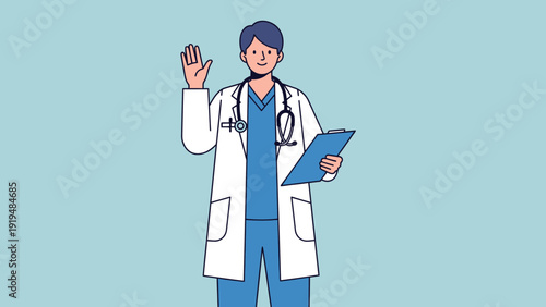 Doctor waving hello holding a clipboard, medical professional, friendly greeting