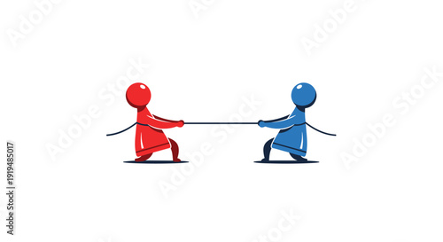 Two stylized figures, one red and one blue, vigorously engaged in a tug-of-war, pulling a rope.