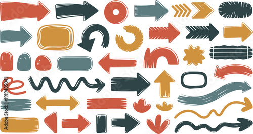 Collection of colorful hand drawn arrows and pointers in various styles and directions