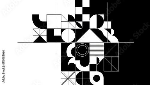 Geometric Abstract Black and White Composition with Lines and Shapes