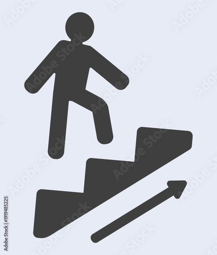 Person climbing stairs with upward arrow symbolizing progress.