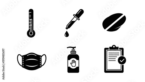 Medical Icons: Thermometer, Dropper, Pill, Mask, Hand Sanitizer, Clipboard