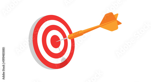 An orange dart with yellow flights is perfectly embedded in the bullseye of a red and white circular target on a plain white background.