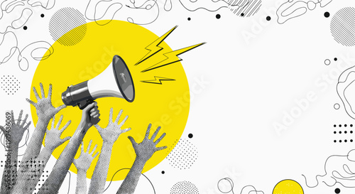 Hand Holding Megaphone with Crowds Raising Hands for Public Announcement and Protest Flat Vector Illustration Concept