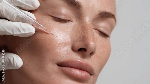 Cosmetic facial injection close-up showing aesthetic skin treatment for medical clinic brochure, cosmetic procedure information and skincare advertisement