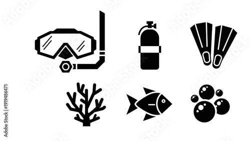 Scuba Diving Gear Icons: Mask, Snorkel, Tank, Fins, Coral, Fish, Bubbles