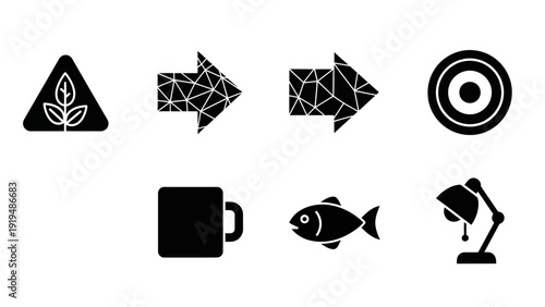 Set of 7 Black Icons: Nature, Arrows, Target, Mug, Fish, Desk Lamp