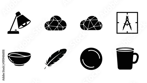 Set of 8 simple black icons: desk lamp, clouds, compass, bowl, feather, circle, mug