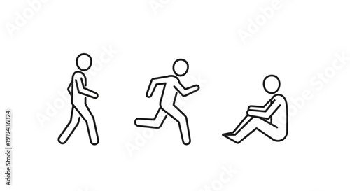 Three simple line art figures showing different poses and activities.