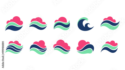 Set of Abstract Cloud and Wave Logos, Blue, Green, Pink, Minimalist Design