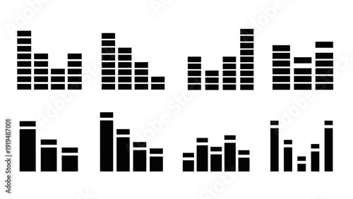 Set of Black Audio Visualizers, Sound Waveforms, Equalizer Bars Icons