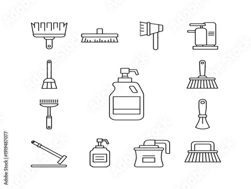 Professional cleaning tools outline icons with fresh hygiene concept