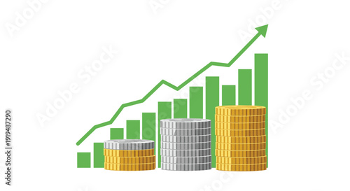 A clean financial illustration featuring ascending stacks of gold and silver coins in front of a green rising bar chart and line graph.