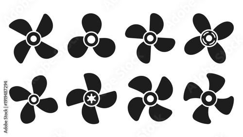Set of Black Propeller Icons: Fan Blades, Turbine, Motor, Airscrew, Vector Graphics