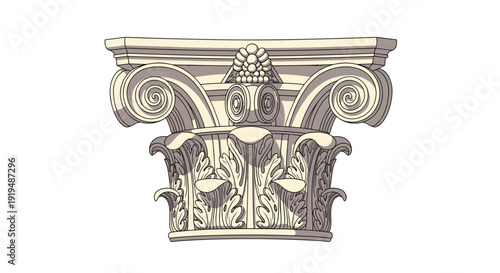 An ornate beige Corinthian column capital featuring volutes, acanthus leaves, and a central floral motif on a white background.