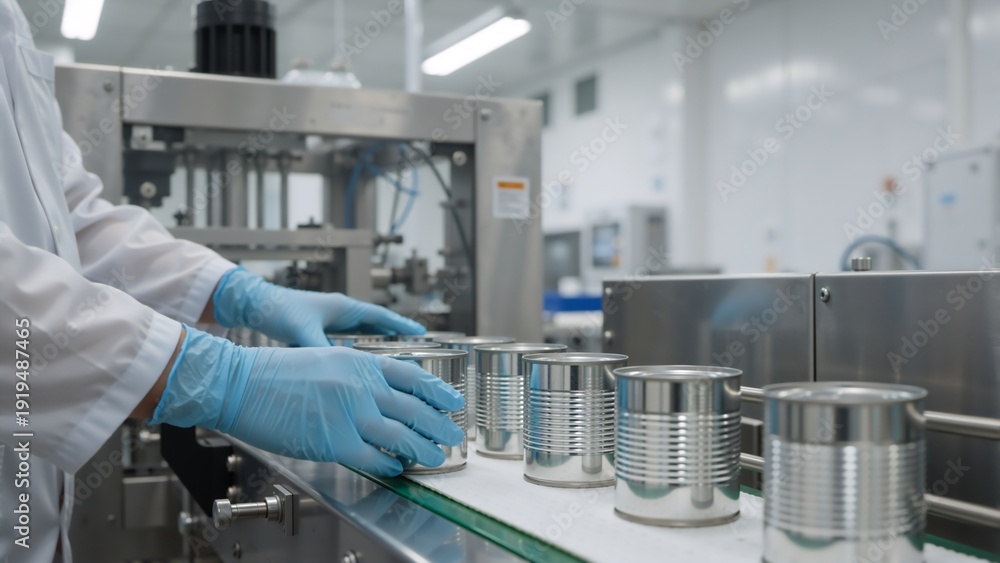 Naklejka premium Close-up of worker hands in blue gloves handling tin cans on production line. Industrial food canning process in factory