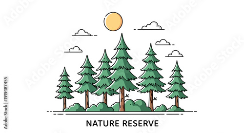 Stylized illustration of a pine forest under a bright sun.