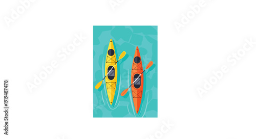 Overhead view of two colorful kayaks floating on clear blue water, ready for a recreational activity.