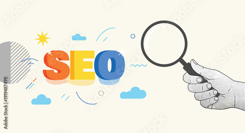 Hand Holding Magnifying Glass Analyzing SEO Text for Search Engine Optimization Flat Vector Illustration Concept