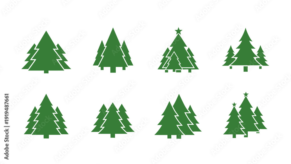 Obraz premium Set of green Christmas trees icons, isolated on white background