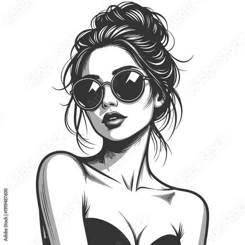 confident young woman wearing oversized round shades and messy updo, modern fashion concept sketch engraving generative ai fictional character vector illustration. Scratch board. Black and white image