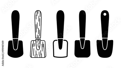 Set of Garden Trowels Icons, Black and White, Isolated on White Background