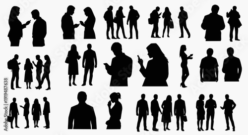 Silhouettes of people using smartphones in various poses.