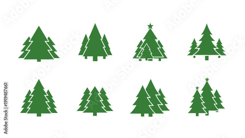 Set of green Christmas trees icons, isolated on white background