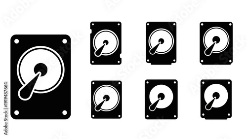 Set of Hard Disk Drive Icons, Computer Storage Technology Symbols