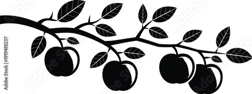 Elegant minimalist black silhouette illustration of an apple tree branch, showcasing fresh fruit and leaves, ideal for organic food, nature, and harvest designs