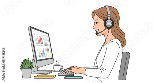Young woman with a headset working on a computer at a desk in an office setting.