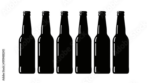 Six Black Beer Bottles Silhouette on White Background